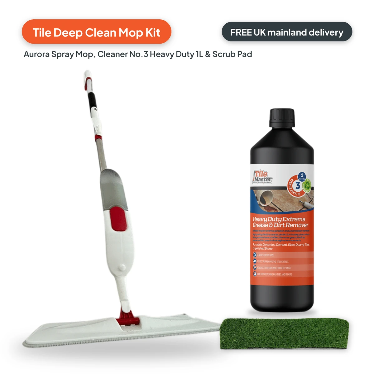 Tile Deep Clean Mop Kit – Aurora Spray Mop, Cleaner No.3 1L and Scrub Pad