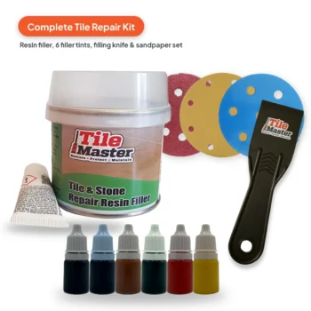 Complete Tile Repair Kit with resin filler, six filler tints, filling knife and sandpaper