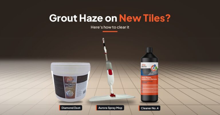 TileMaster Diamond Dust, Aurora spray mop and Cleaner No.4 for removing grout haze from tiles.