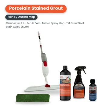 Porcelain Stained Grout Kit, Hand: Aurora mop, Cleaner No.3, TM Grout Seal, Stain Away and Scrub Pad