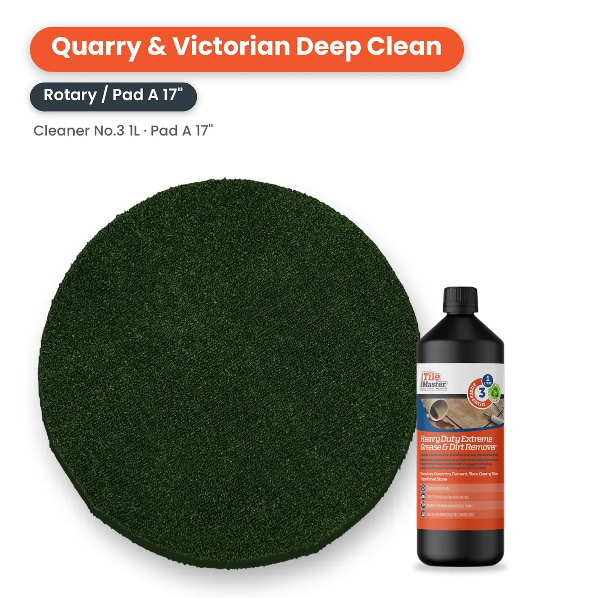 Quarry & Victorian Deep Clean Kit – Rotary Machine: 17" Pad A and 1 litre TileMaster Cleaner No.3