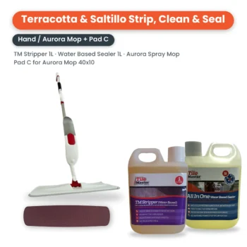 Terracotta & Saltillo Strip, Clean & Seal Kit – Hand / Mop: Aurora Spray Mop, Pad C for Aurora Spray Mop (40cm x 10cm), 1 litre TM Stripper and 1 litre All in One Water Based Sealer