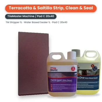 Terracotta & Saltillo Strip, Clean & Seal Kit – TileMaster Machine: Pad C 20cm x 40cm, 1 litre TM Stripper and 1 litre All in One Water Based Sealer