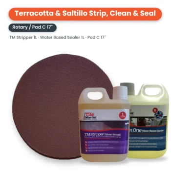 Terracotta & Saltillo Strip, Clean & Seal Kit – Rotary Machine: 17" Pad C, 1 litre TM Stripper and 1 litre All in One Water Based Sealer