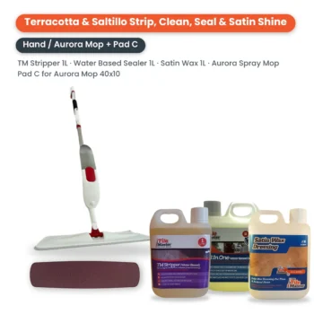 Terracotta & Saltillo Strip, Clean, Seal & Satin Shine Kit – Hand / Mop: Aurora Spray Mop, Pad C for Aurora Spray Mop (40cm x 10cm), 1 litre TM Stripper, 1 litre All in One Water Based Sealer and 1 litre Satin Wax Dressing