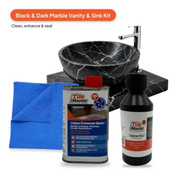 Black & Dark Marble Vanity & Sink Kit – Clean & Seal: Cleaner No.2, Colour Enhancing Sealer and microfibre cloth