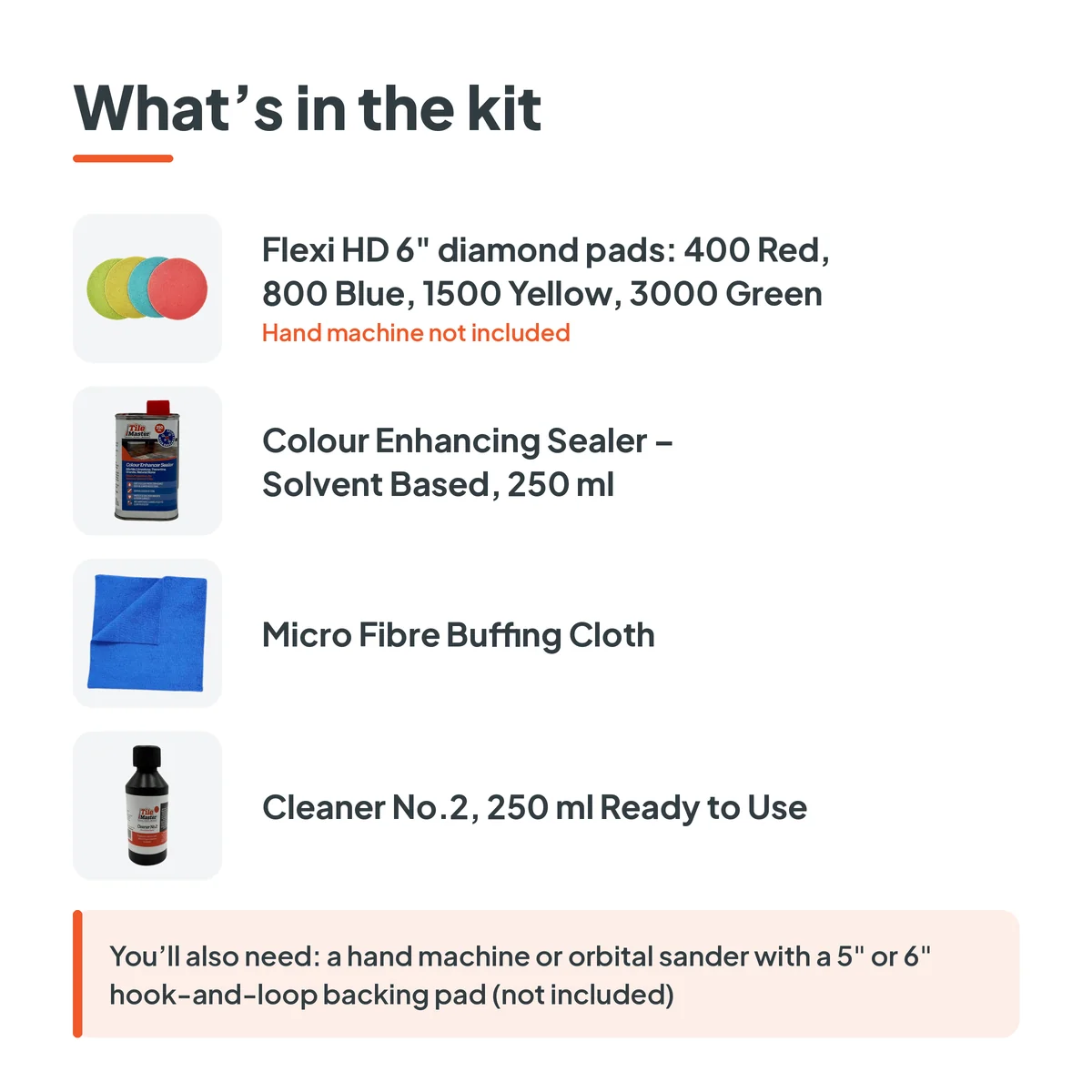 Contents of the Black & Dark Marble Vanity & Sink Kit with 4 Flexi diamond pads