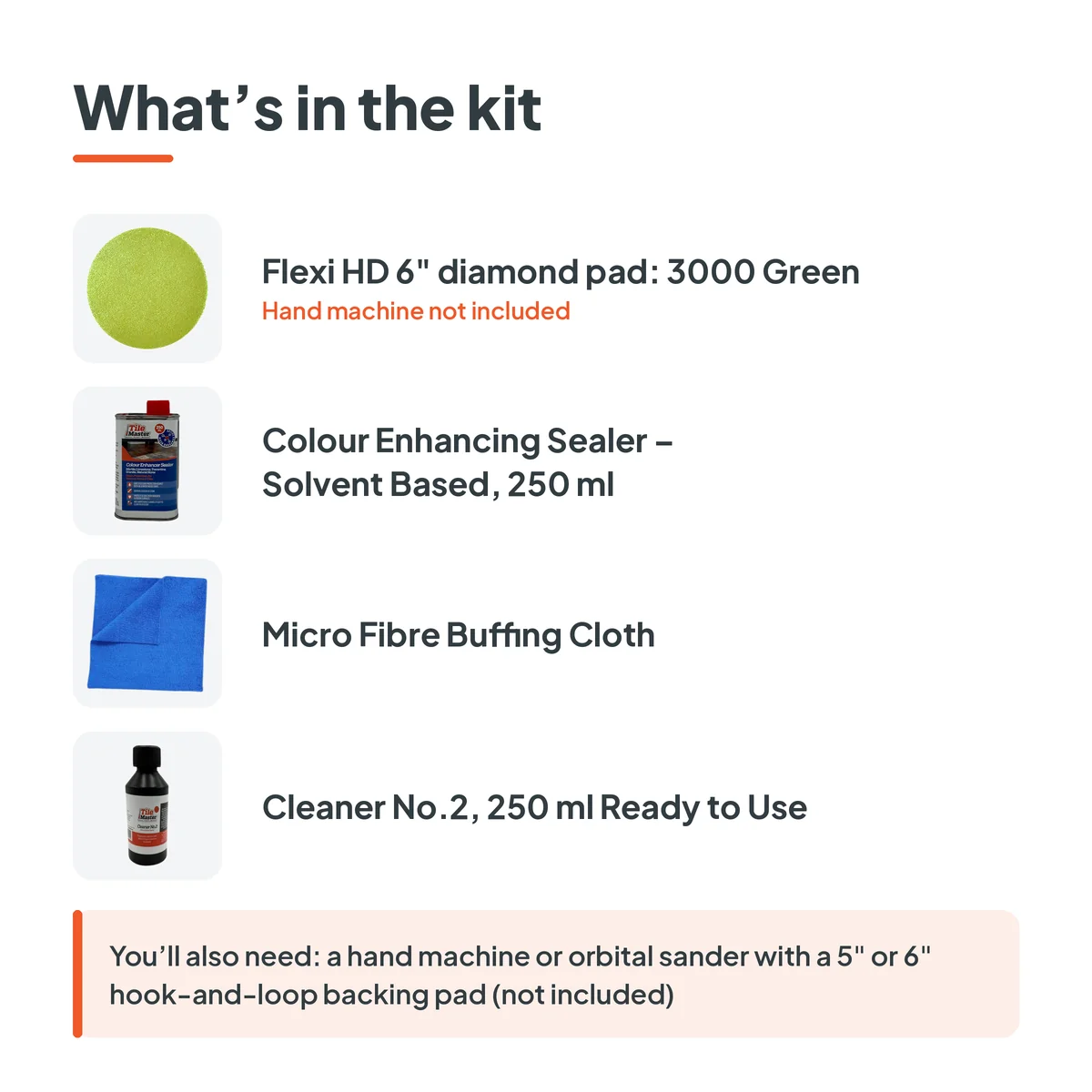 Contents of the Black & Dark Marble Vanity & Sink Kit with 3000 grit Flexi diamond pad
